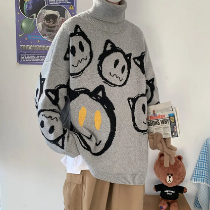 Korean literature art turtleneck sweater men autumn winter lazy style knitted sweater cartoon devil print wool clothes pullovers Street King Limited