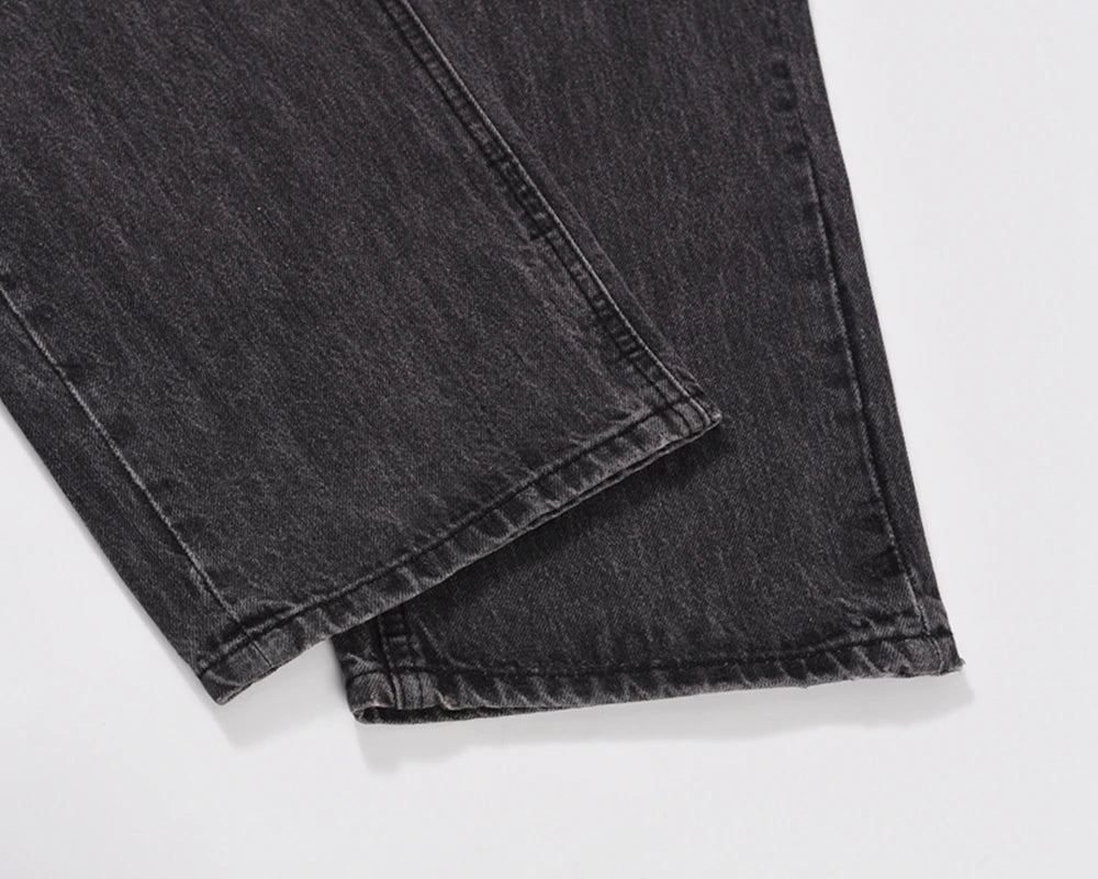 retro pu leather butterfly embroidery black jeans for men straight patchwork casual baggy denim pants loose jean trousers unique jeans style 1270