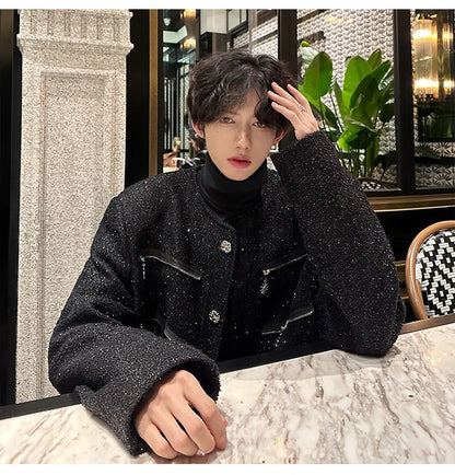 multi zipper sequin woolen jacket men french retro fashionable casual christmas jacket spring autumn coat stage show clothing unique default style 1450