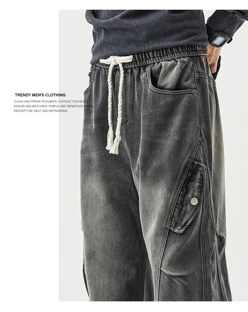 2025 new hip hop multi pockets straight jeans for men high street cargo denim pants spring y2k vintage distressed baggy jean unique cargo style 3369