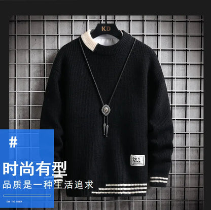 Autumn Winter Men Sweater Warm Top New Fashion Stitching Color Matching Pullover Round Neck Sweater Thickened Knitted Sweater Street King Limited
