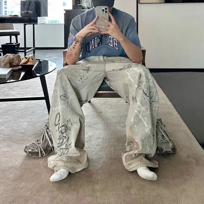 hand painted graffiti washed baggy jeans for men and women y2k streetwear pantalones hombre casual denim trousers oversized 1 denim street jeans