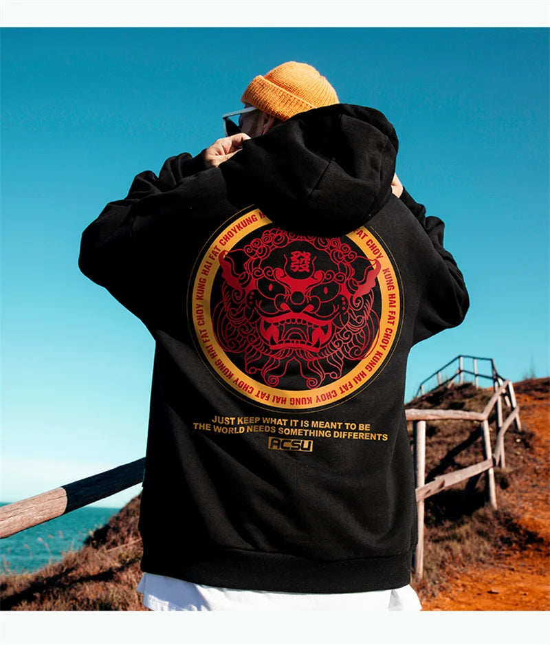 Autumn Dancing Lion Print Hooded Sweatshirts Hombre Hip Hop Fleece Streetwear Hoodies New Oversized Y2K Vintage Fashion Hoody Street King Limited