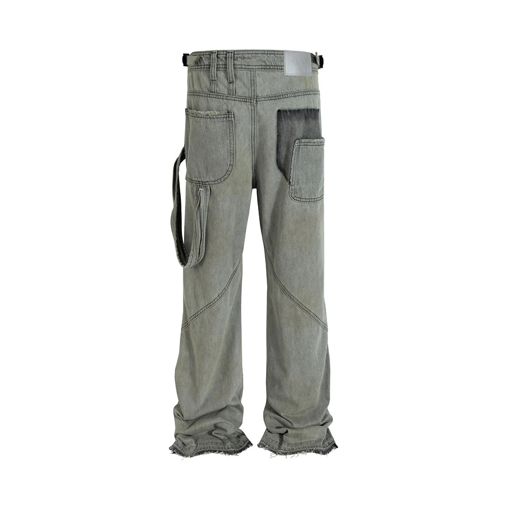streetwear washed vintage ribbons logging jeans pants mens straight ropa hombre baggy cargos oversized loose denim overalls multi-pocket cargos