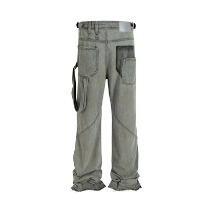 streetwear washed vintage ribbons logging jeans pants mens straight ropa hombre baggy cargos oversized loose denim overalls multi-pocket cargos