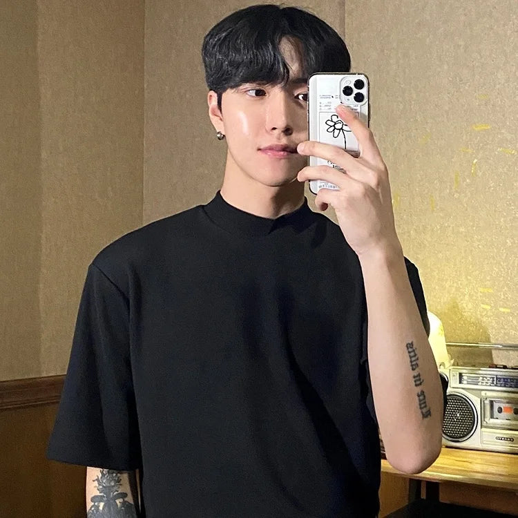 Korean style high-end half turtleneck short-sleeved summer T-shirt for men loose ice-sleeved bottoming shirt y2k trendy ins top Street King Limited