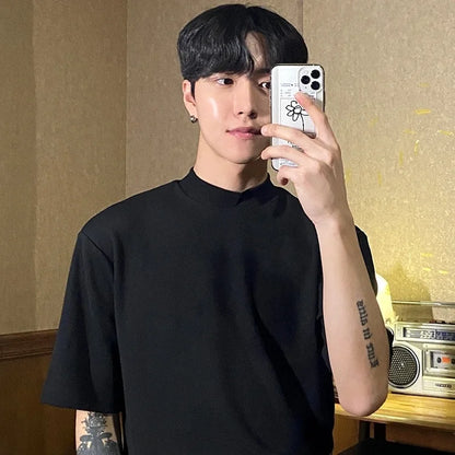 Korean style high-end half turtleneck short-sleeved summer T-shirt for men loose ice-sleeved bottoming shirt y2k trendy ins top Street King Limited