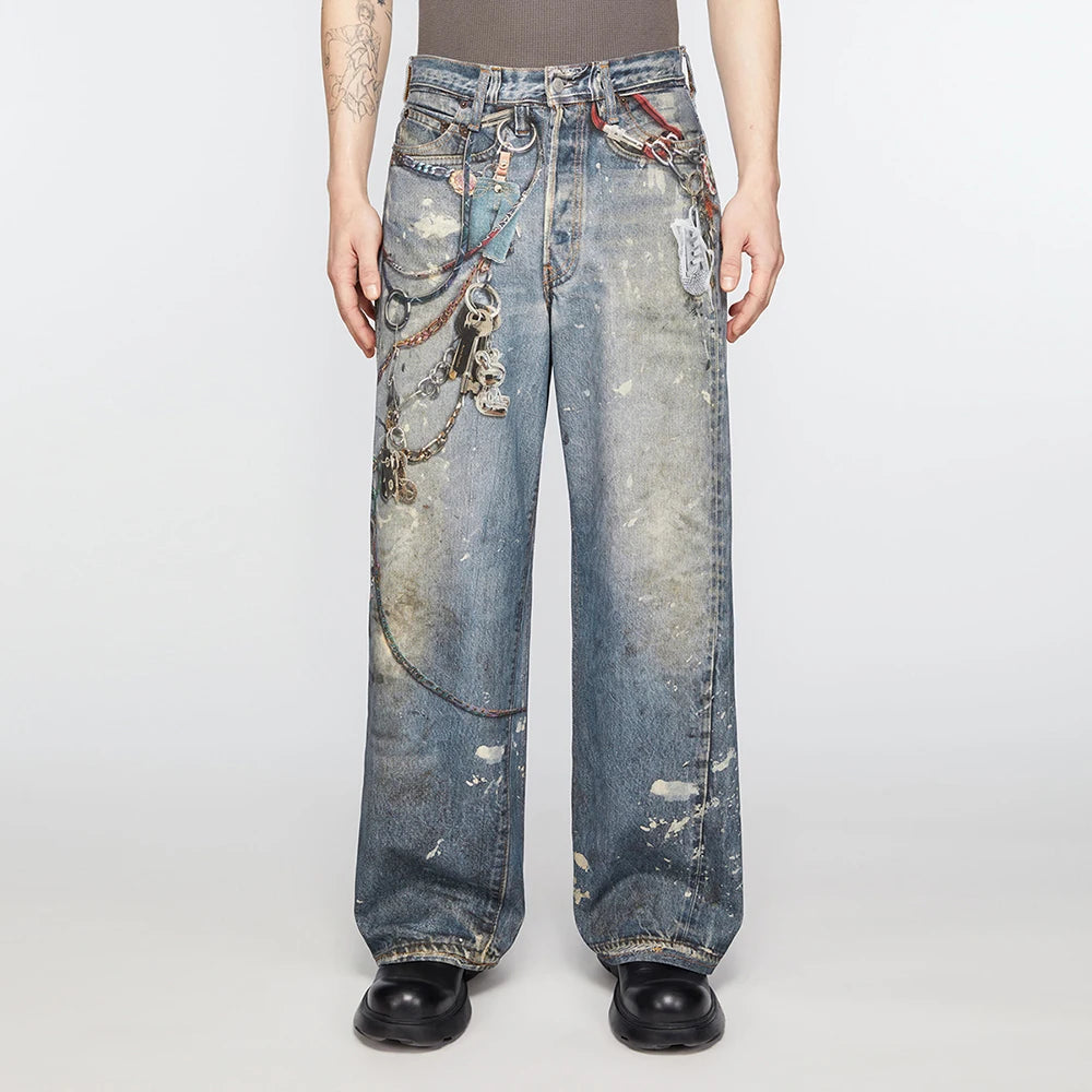 high street chain print frayed washed baggy jeans for men and women y2k casual loose denim trousers ropa hombre casual pants denim street jeans