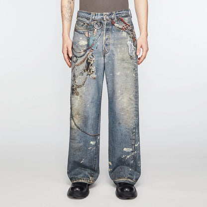 high street chain print frayed washed baggy jeans for men and women y2k casual loose denim trousers ropa hombre casual pants denim street jeans