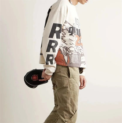 2024 Summer And Spring 123 Letter Print GYMGNO Graffiti Slogan Worn Retro Long Sleeve T Shirt Pullover Sweatshirt Street King Limited