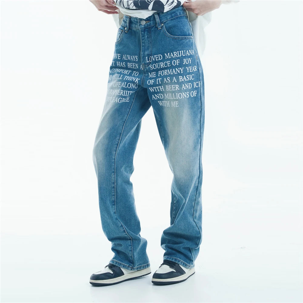 blue baggy jeans men letter printed straight denim pants fashion jeans male streetwear hip hop y2k loose trousers unique jeans style 4081