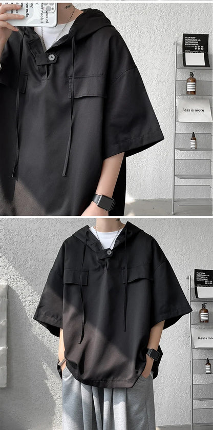 5 Colors Summer Hooded T shirt Men Korean Half Sleeve Pullover Streetwear Loose T-shirt Tops Drawstring Men Clothing Street King Limited