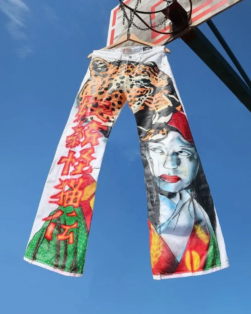 american high waisted washed wide leg pants fashion anime print oversized denim trousers women y2k loose floor length pants denim street jeans