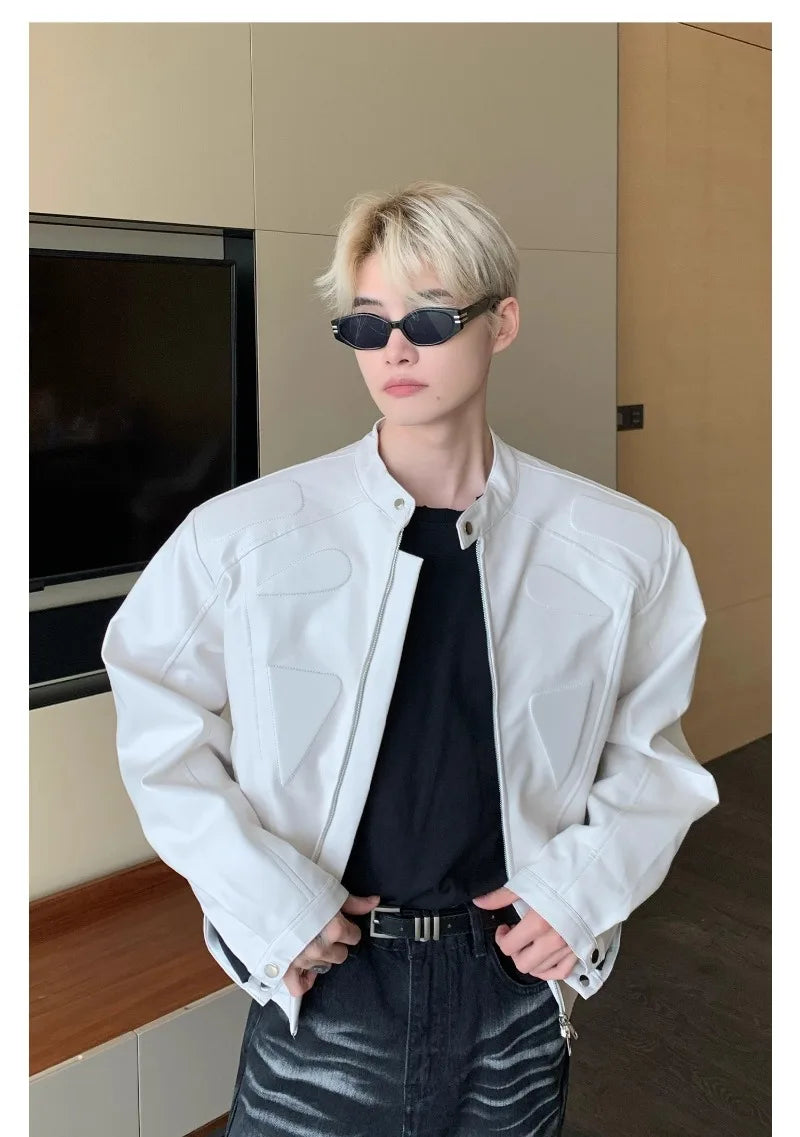 high street motorcycle pu leather jacket men hip hop trend shoulder padded coat street fashion stand collar zipper short outwear unique shorts style 1966