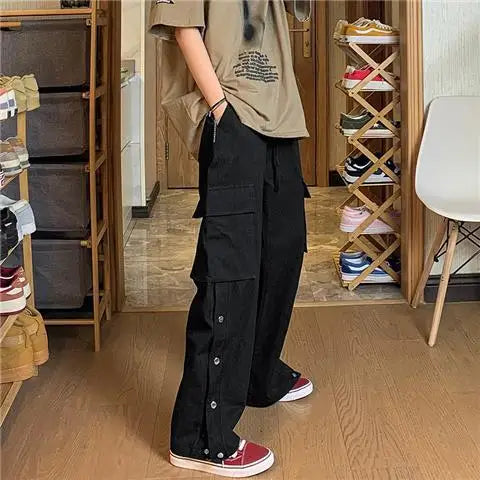 Fashionable Korean style gothic buttoned overalls pants men summer Harajuku street y2k hip hop casual retro sports pants Street King Limited