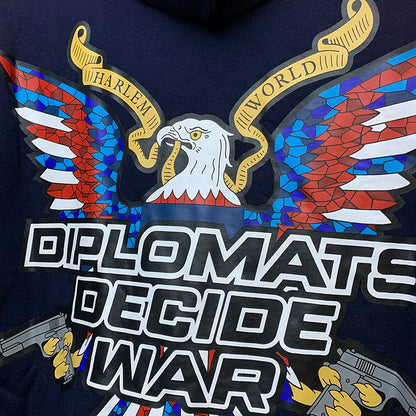 New WHO DECIDES WAR Hoodies Men Woman Deep Blue Oversized Vintage Eagle Printing Trend Hip Hop Hooded Hoodies Street King Limited
