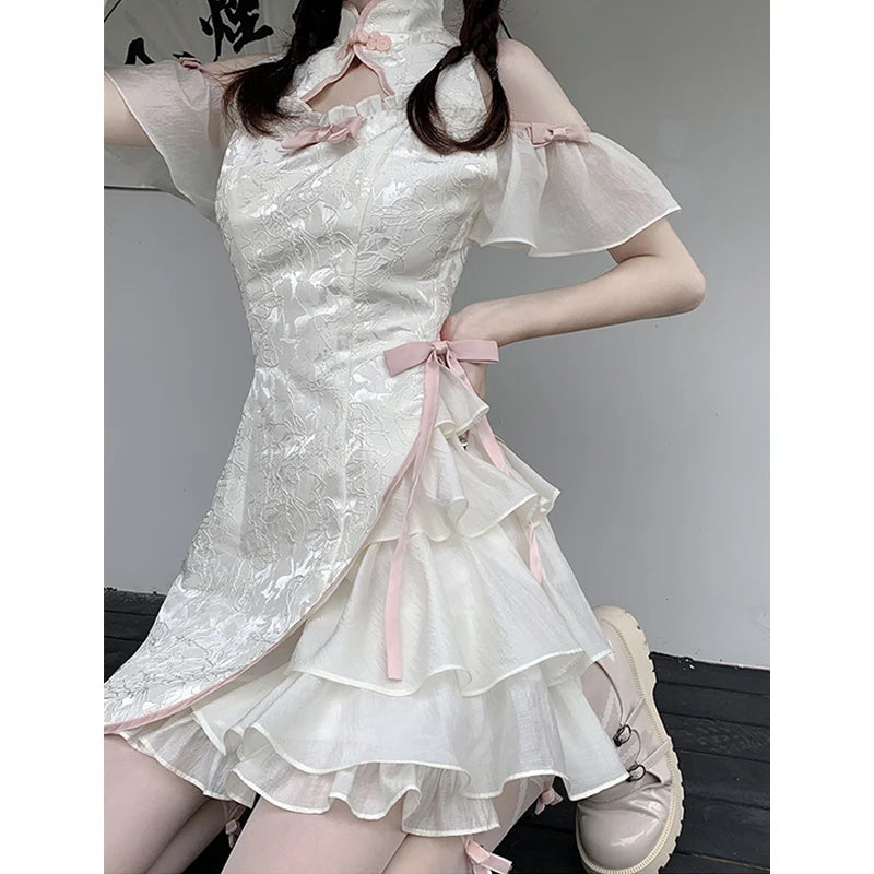Vintage Chinese Style Cheongsam High Split Mini Dress 2024 Tie Dye Gothic Women Aesthetic Bandage Dresses Y2k Sexy Bodycon Robe Street King Limited