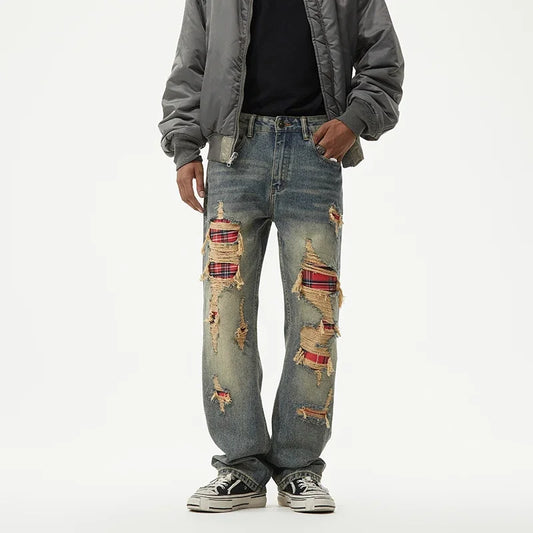 men broken hole patch loose casual plus size straight ripped denim pants jeans man streetwear fashion baggy jeans trousers denim street jeans