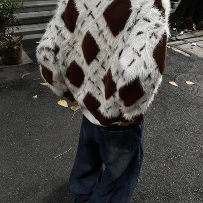2024 New College Casual Mens Cardigan Autumn Diamond Grid Color Block Street Unisex Knitted Jacket Loose V-neck Sweater Coats Street King Limited