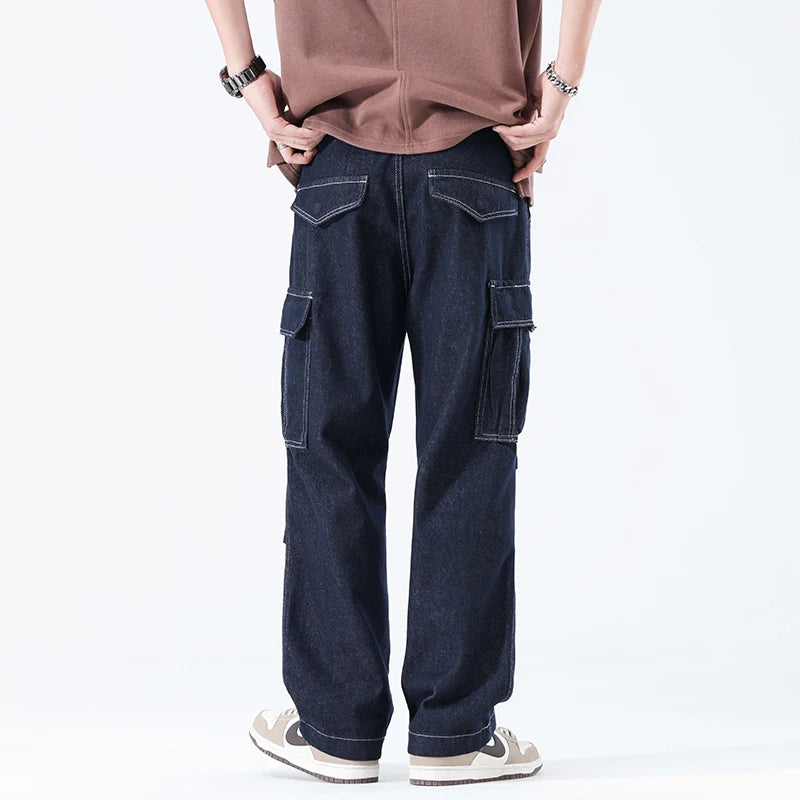 men autumn summer streetwear fashion plus size loose casual straight cargo jeans pant campus boy jeans trousers multi-pocket cargos
