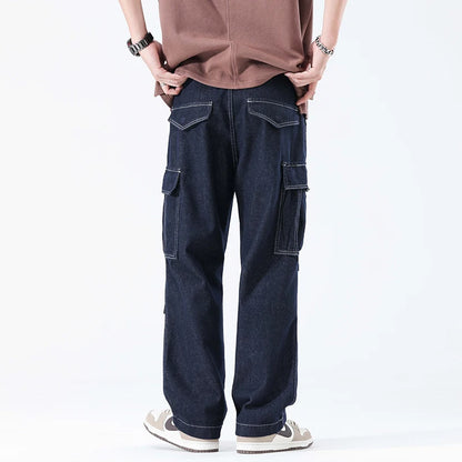 men autumn summer streetwear fashion plus size loose casual straight cargo jeans pant campus boy jeans trousers multi-pocket cargos