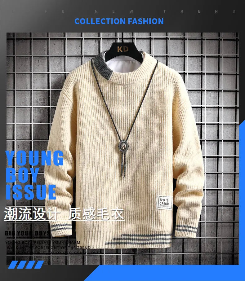 Autumn Winter Men Sweater Warm Top New Fashion Stitching Color Matching Pullover Round Neck Sweater Thickened Knitted Sweater Street King Limited