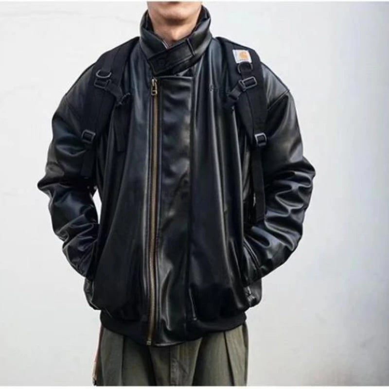 japanese street motorcycle set men thickened stand collar hip hop leather jacket harajuku casual pants 2 pcs bomber suit 2023 minimalist street pants
