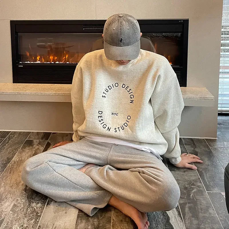 Cotton 2024 autumn and winter Korean style round neck sweatshirt men trendy brand handsome ins loose letter print top jacket emo Street King Limited