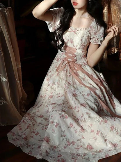 Summer Dress Y2k Floral Puff Sleeve Dress for Woman Robe Sexy Lace Up Side Split Chic Mid-Calf Aesthetic Dress Sexy Bodycon Robe Street King Limited
