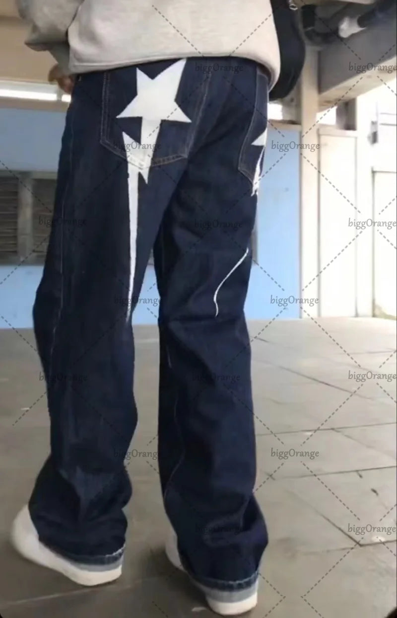 Y2K Street Hip Hop Harajuku Lightning Pattern Printed Jeans Men's Fashion Loose Casual High Waist Wide Leg Jeans Women's Street King Limited