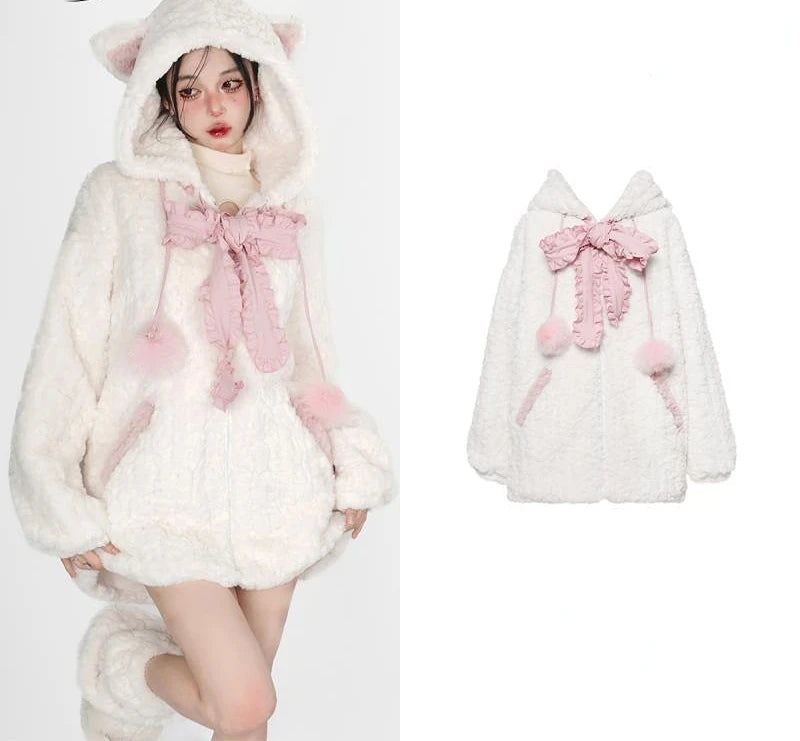 Harajuku Little WildCat Hoodies Women Bodysuit Black Tie Bowknot Cute Loose Goth Coat Y2k Style Kawaii Winter Clothes Women Street King Limited