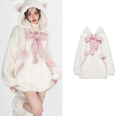 Harajuku Little WildCat Hoodies Women Bodysuit Black Tie Bowknot Cute Loose Goth Coat Y2k Style Kawaii Winter Clothes Women Street King Limited