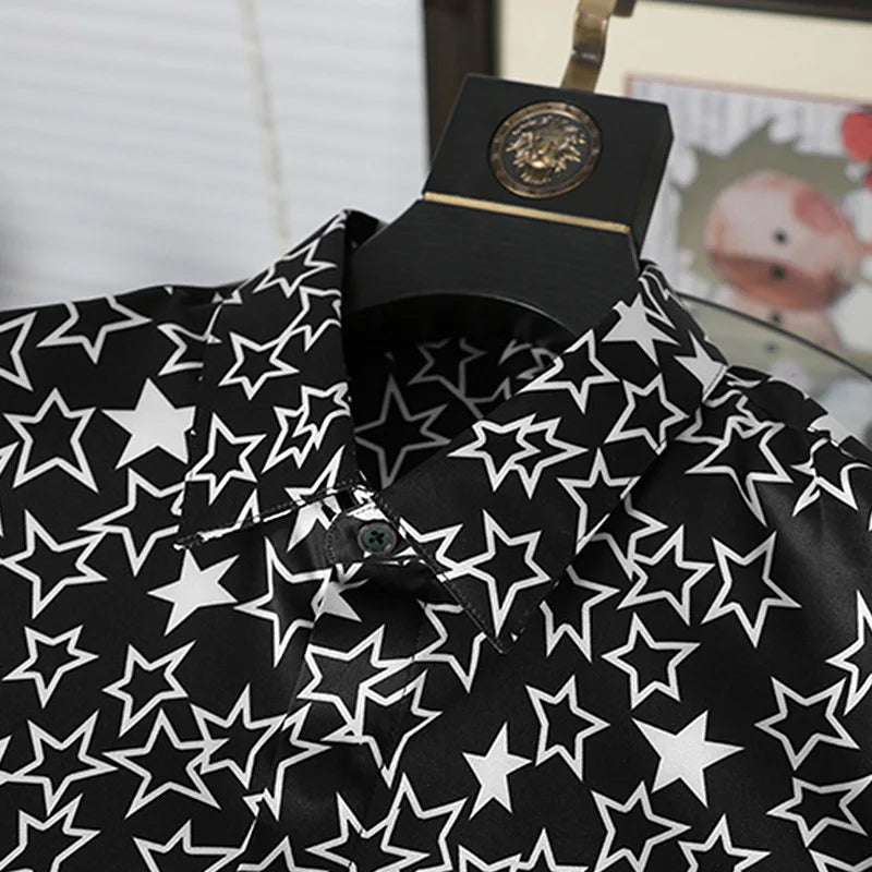 New 2022 Men 3D luxurious Classic Black White Star Print Fashion Silk Casual Shirts Shirt high Pocket Long-sleeves S 2XL #D276 Street King Limited