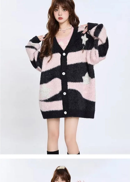Knitted Cardigan Sweater Men Women Autumn Patchwork Knitted Jumpers Harajuku Loose Hip Hop Streetwear Y2K Star Pattern Jackets Street King Limited