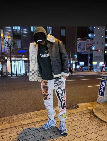 24ss vintage retro graffiti washed worn cotton high street long pants leggings unique default style 4720