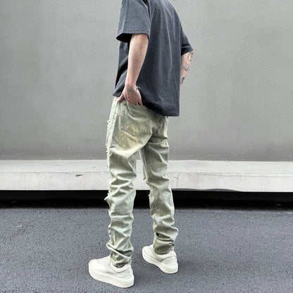retro washed skinny jeans men pant destroyed ripped holes slim biker zipper jeans trousers fashion streetwear hip hop joggers casual joggers