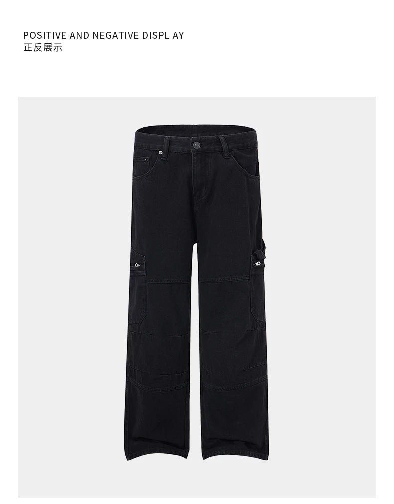men american streetwear fashion loose casual hip hop wide leg black denim baggy jeans pants man y2k cargo jeans trousers unique cargo style 2207
