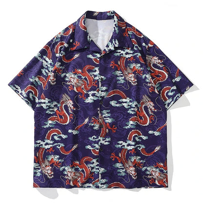 Men Dragon Print Chinese Style Shirt Casual Short Sleeve Hawaiian New Summer Shirts Hip Hop Streetwear Loose Top Harajuku Shirts Street King Limited