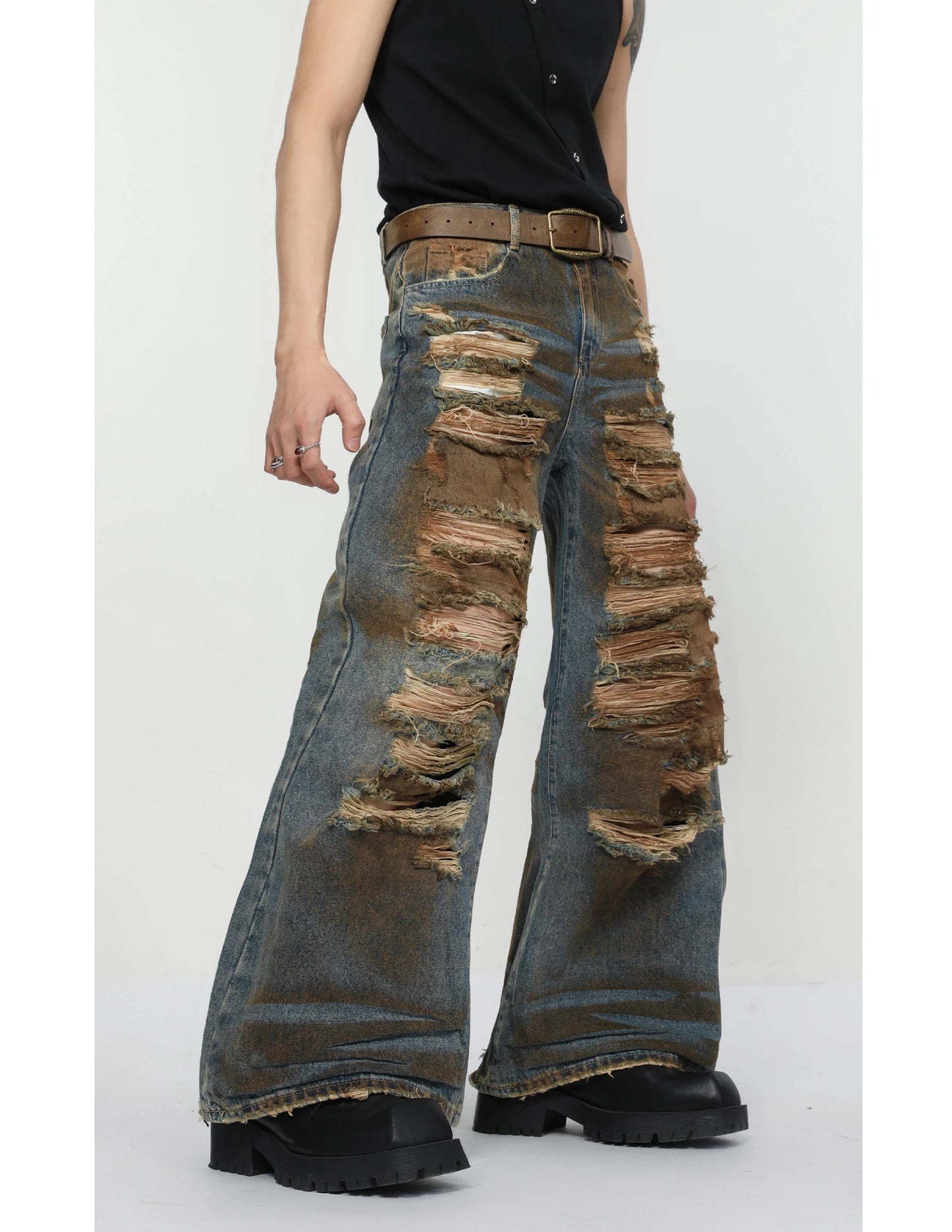 2 pieces sets mens dirty graffiti wide shouder denim jeans jacket coat and ripped holes wide legs pants joggers streetwear sets unique joggers style 3549