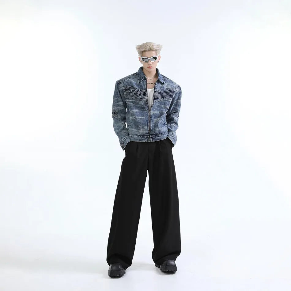 vintage washed mens denim jacket heavy weight high street contour pleat design cowboy coats short motorcycle hip hop outwear unique jeans style 3684