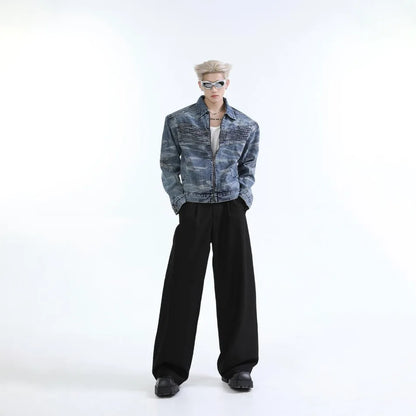 vintage washed mens denim jacket heavy weight high street contour pleat design cowboy coats short motorcycle hip hop outwear unique jeans style 3684