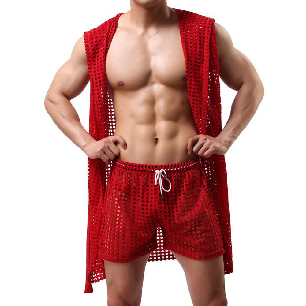 Men Robes Brand Male Sexy Bathrobe Sleepwear Sleeveless Bath Robe Sleep Lounge Badjas Cutout Cardigan Loungewear Mesh Menswear Street King Limited