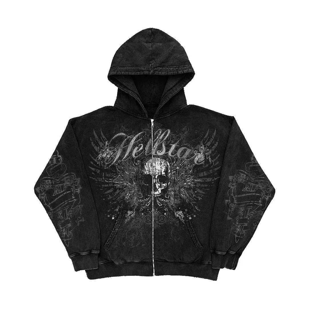 Retro Fashion Gothic Skull Bone Print Oversized Hoodie women Y2K Street Hip Hop Versatile Slim Casual Sweater Clothes Street King Limited