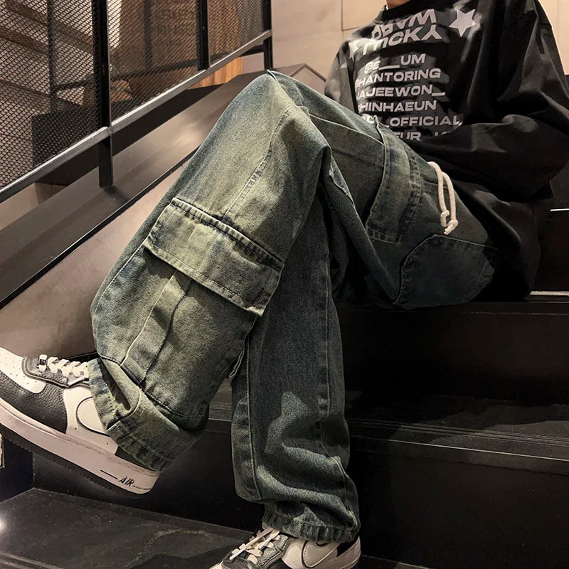 Washed Distressed Cargo Pants High Street Style Men's Jeans Side Pockets Denim Wide-leg Trousers Casual Loose Trousers Street King Limited