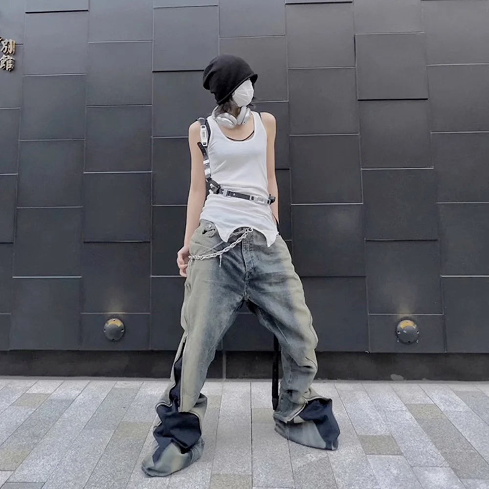 Ro Style Gradient Blue Horn Stacked Floor Dragging Jeans Unisex Streetwear Baggy Y2K Ribbons Zipper Denim Trousers Oversized Street King Limited