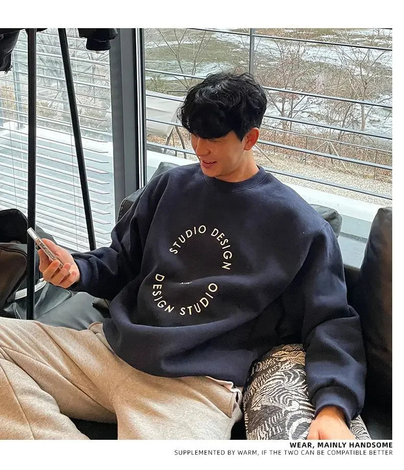 Cotton 2024 autumn and winter Korean style round neck sweatshirt men trendy brand handsome ins loose letter print top jacket emo Street King Limited