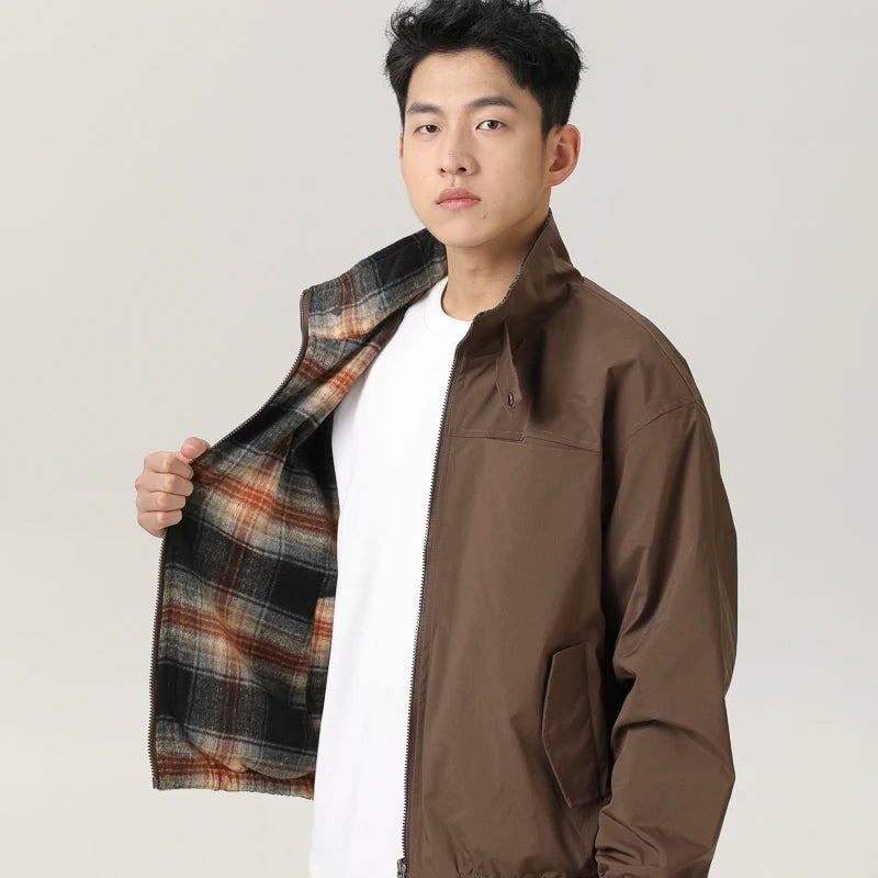 double side wearable coach jacket men streetwear fashion cleanfit splice plaid loose casual outdoor cargo jacket boyfriend coat combat utility trousers