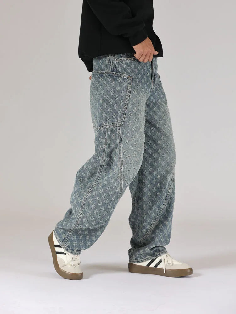men brand fashion loose casual splice pocket jacquard vintage wide leg baggy jeans cityboy denim baggy jeans pants trousers unique jeans style 2850