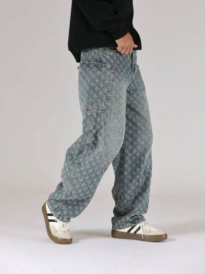men brand fashion loose casual splice pocket jacquard vintage wide leg baggy jeans cityboy denim baggy jeans pants trousers unique jeans style 2850
