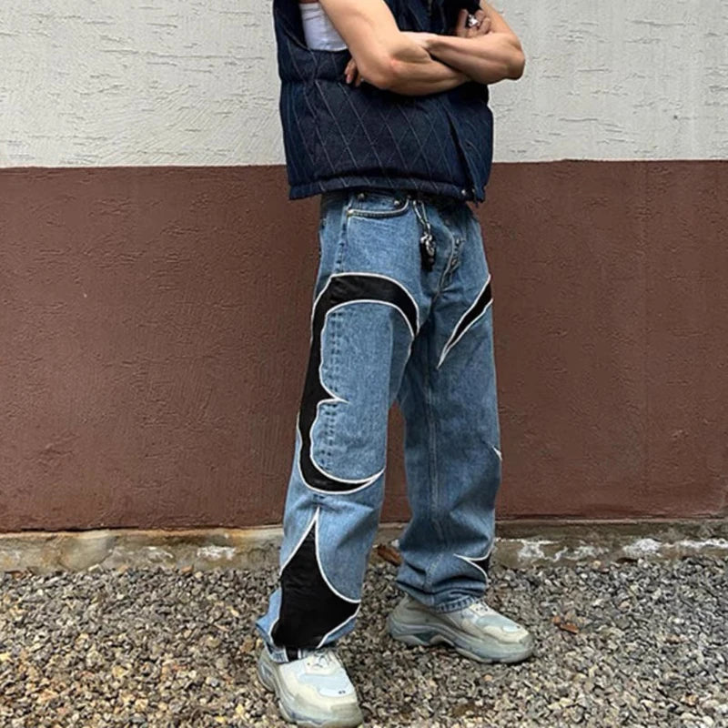harajuku pu leaher embroidery patchwork baggy y2k jeans mens streetwear straight oversized denim trousers unisex cargo pants unique cargo style 4818